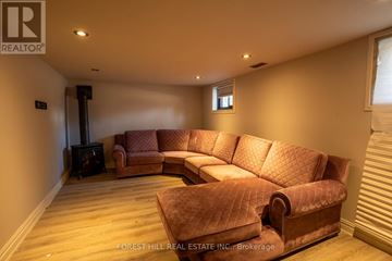 Toronto (Lansing-Westgate) apartment for rent - A living room with a brown sofa and a wood burning stove.