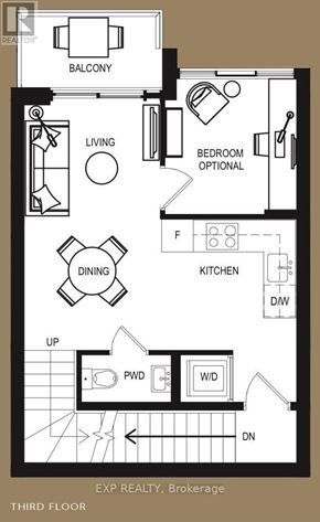 Toronto (Parkwoods-Donalda) townhouse for rent - A floor plan of a third-floor apartment with a balcony, living room, dining room, kitchen, and optional bedroom.