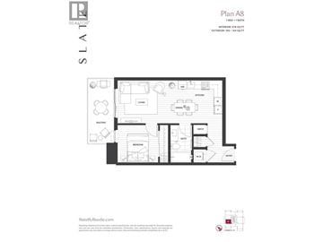 Burnaby apartment for rent - A floor plan of a residence with a living room, dining room, kitchen, and two bedrooms.