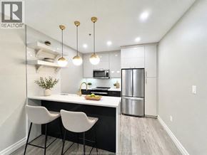 Windsor condo for rent - A kitchen with a refrigerator, sink, and two chairs.