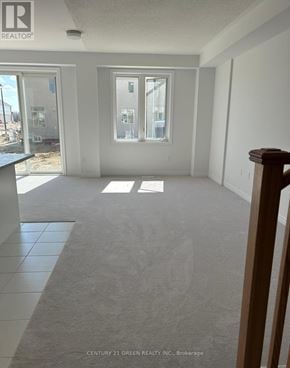Centre Wellington (Fergus) townhouse for rent - A room with a carpet floor and a window with a view of a building outside.