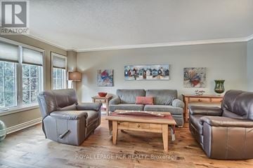 Newmarket (Stonehaven-Wyndham) apartment for rent - A living room with a grey couch, a brown leather chair, a wooden coffee table, and a painting on the wall.