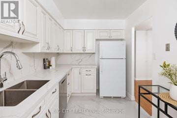 Toronto (Don Valley Village) condo for rent - A white kitchen with a sink and refrigerator.
