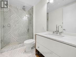 Ottawa condo for rent - A bathroom with a white toilet and a marble shower.
