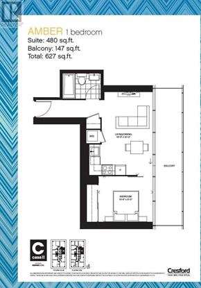 Toronto (Church-Yonge Corridor) condo for rent - A blue and white image of a one bedroom suite floor plan.