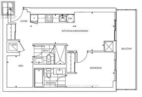 Vaughan (Vaughan Corporate Centre) condo for rent - A floor plan of a small apartment with a kitchen, bathroom, bedroom, and den.