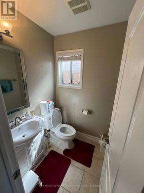 Brampton (Fletcher's Meadow) apartment for rent - A bathroom with a toilet, sink, and mirror.