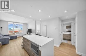 Vancouver apartment for rent - A modern kitchen with a large island and a view of the city.