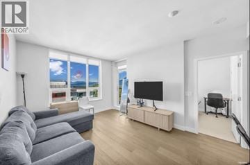 Vancouver apartment for rent - A living room with a grey couch and a television on a wooden stand.