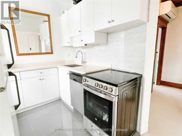 Toronto (Danforth Village-East York) apartment for rent - A white kitchen with a black oven and a mirror above the sink.