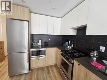 Coquitlam apartment for rent - A kitchen with a stainless steel refrigerator and black countertops.