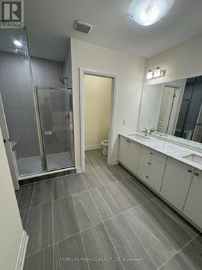 Springwater (Minesing) apartment for rent - A bathroom with a walk-in shower and a vanity with a mirror.