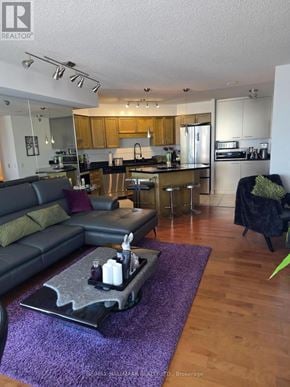 Richmond Hill (Beaver Creek Business Park) condo for rent - A modern kitchen with wooden cabinets and a purple rug in the middle of the room.