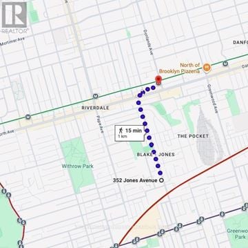 Toronto (Blake-Jones) apartment for rent - A map with a path of blue dots and a red line.