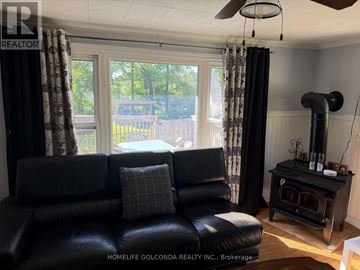 Oro-Medonte apartment for rent - A black leather couch sits in a living room with a wood stove and a ceiling fan.