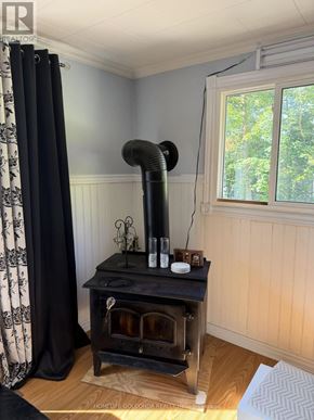 Oro-Medonte apartment for rent - A wood stove in a room with a window showing trees outside.