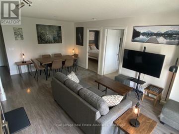 Toronto (Waterfront Communities) condo for rent - A living room with a grey couch and a black television.
