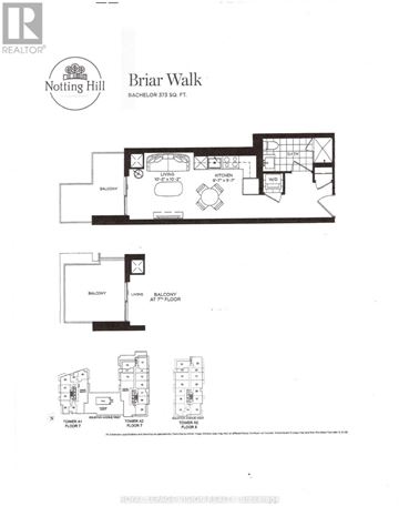 Toronto (Humber Heights) condo for rent - A floor plan for a property at Notting Hill shows a kitchen, dining room, and two bedrooms.