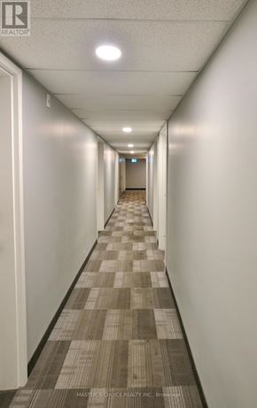 Waterloo condo for rent - A long hallway with carpeted floors and white walls.