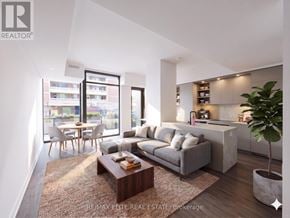 Toronto (Church-Yonge Corridor) townhouse for rent - A modern living room with a grey sofa, a wooden coffee table, and a large window.