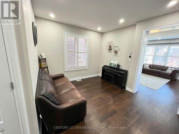 Oshawa (Windfields) apartment for rent - A living room with a brown leather couch and a wooden floor.