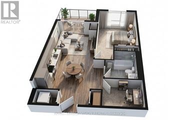 Toronto (Dovercourt-Wallace Emerson-Junction) condo for rent - A 3D floor plan of a house with a living room, dining room, kitchen, and two bedrooms.