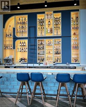 Innisfil condo for rent - A bar with blue stools and a blue wall.