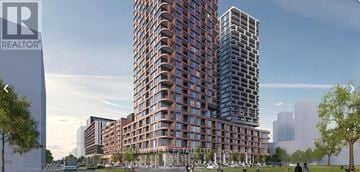 Markham (Unionville) condo for rent - A modern building with a curved design is being advertised by a realtor.