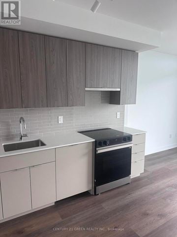 Burlington (Brant) condo for rent - A kitchen with wooden cabinets and a black stove top oven.