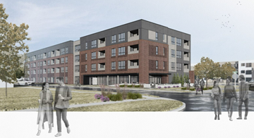 Goshen apartment for rent - A modern apartment building with people walking in front.