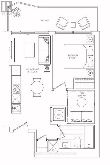 Toronto (Mount Pleasant West) condo for rent - A black and white floor plan of a small apartment with a balcony.