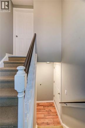 Guelph apartment for rent - A staircase with a white railing and a grey carpet.