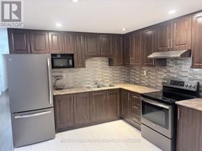 Markham (Berczy) apartment for rent - A kitchen with wooden cabinets and a stone backsplash.
