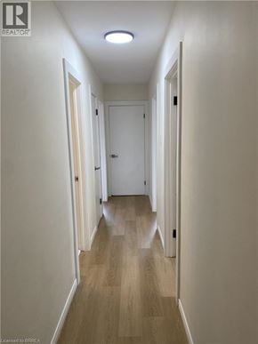 Kitchener apartment for rent - A long hallway with doors on both sides and a light on the ceiling.