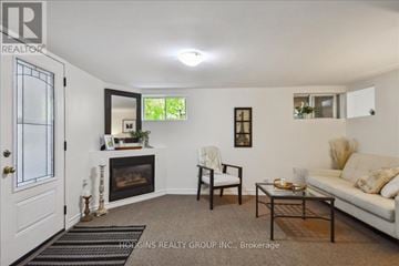 Mississauga (Mineola) multi-family for rent - A living room with a fireplace and a couch.