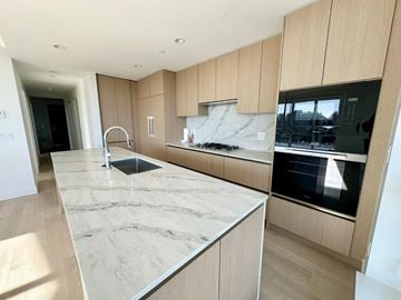 Surrey apartment for rent - A modern kitchen with wooden cabinets and a marble countertop.