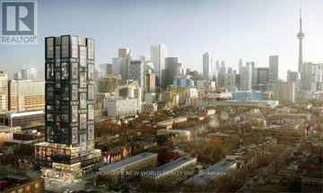 Toronto (Kensington-Chinatown) condo for rent - A cityscape with a tall building in the foreground and a CN Tower in the background.