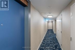 Toronto (Waterfront Communities) condo for rent - A long hallway with a blue door on the left and a carpeted floor.