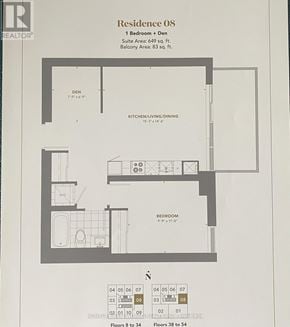 Toronto (Waterfront Communities) condo for rent - A floor plan for a 1 Bedroom + Den apartment with a kitchen, dining area, and bathroom.