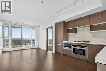 Burnaby apartment for rent - A modern kitchen with brown cabinets and a view of the city.