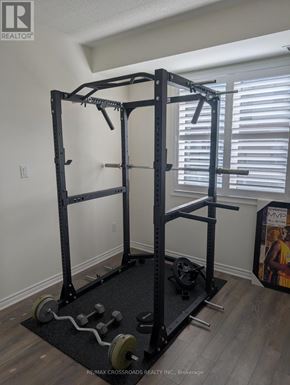 Pickering townhouse for rent - A black home gym setup with a squat rack, barbell and weight plates.
