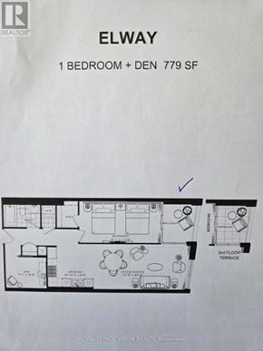 Toronto (Englemount-Lawrence) condo for rent - A floor plan for a property called Elway shows a one bedroom apartment with an attached den is 779 square feet.