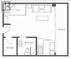 Toronto (University) apartment for rent - A floor plan of a small apartment with a bed, a sofa, a kitchen, a bathroom, and storage.
