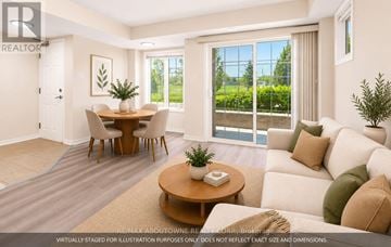 Oakville (Wm Westmount) townhouse for rent - A living room with a dining table and chairs, a sofa, and a coffee table.