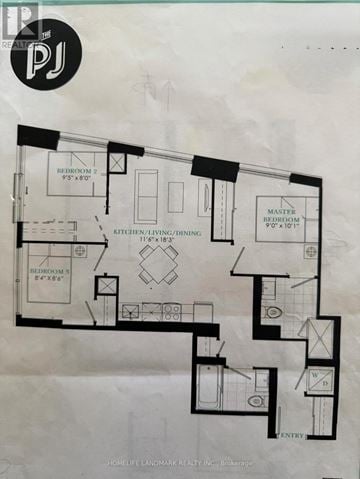 Toronto (Waterfront Communities) condo for rent - A floor plan for a home with three bedrooms and a master bedroom is shown.