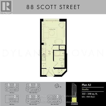 Toronto (Church-Yonge Corridor) condo for rent - A floor plan for 88 Scott Street shows a studio apartment with dimensions of 332-348 sq. ft.