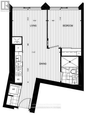 Toronto (Waterfront Communities) condo for rent - A black and white floor plan of an apartment with a living room, dining room, and bedroom.