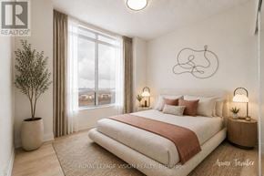 Toronto (West Humber-Clairville) condo for rent - A bedroom with a large bed, a potted plant, and a window with curtains.