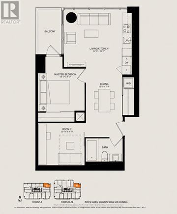 Toronto (Bay Street Corridor) condo for rent - A black and white floor plan of a house with a balcony, living kitchen, and two bedrooms.