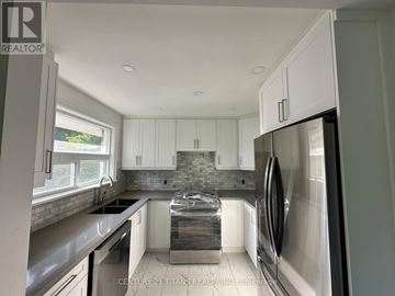 Toronto (Rouge) apartment for rent - A modern kitchen with white cabinets and a stainless steel refrigerator.
